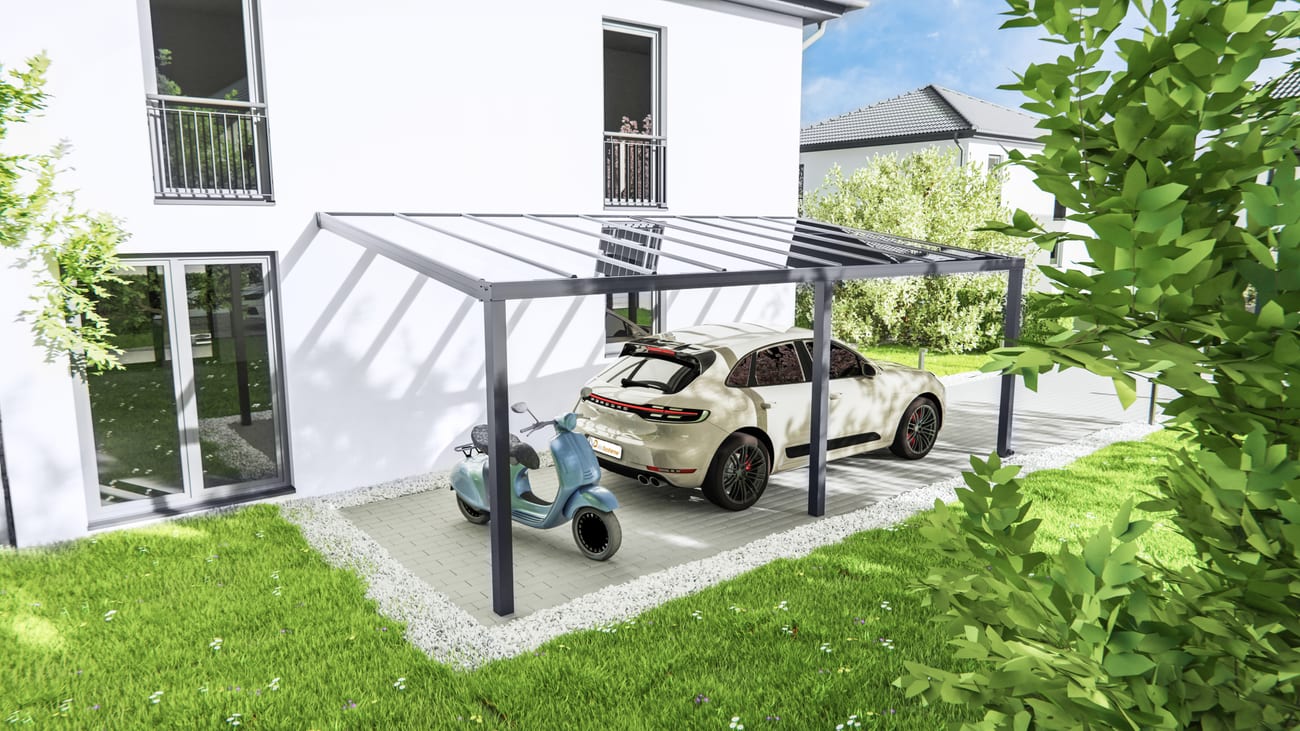 Aluminium-Carport mit Fahrzeug