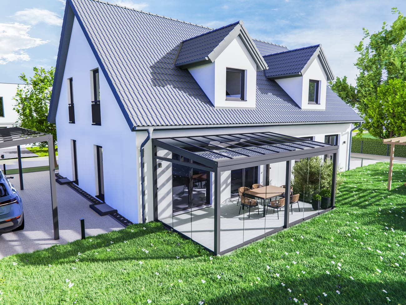 Kaltwintergarten aus Aluminium und Glas am Haus