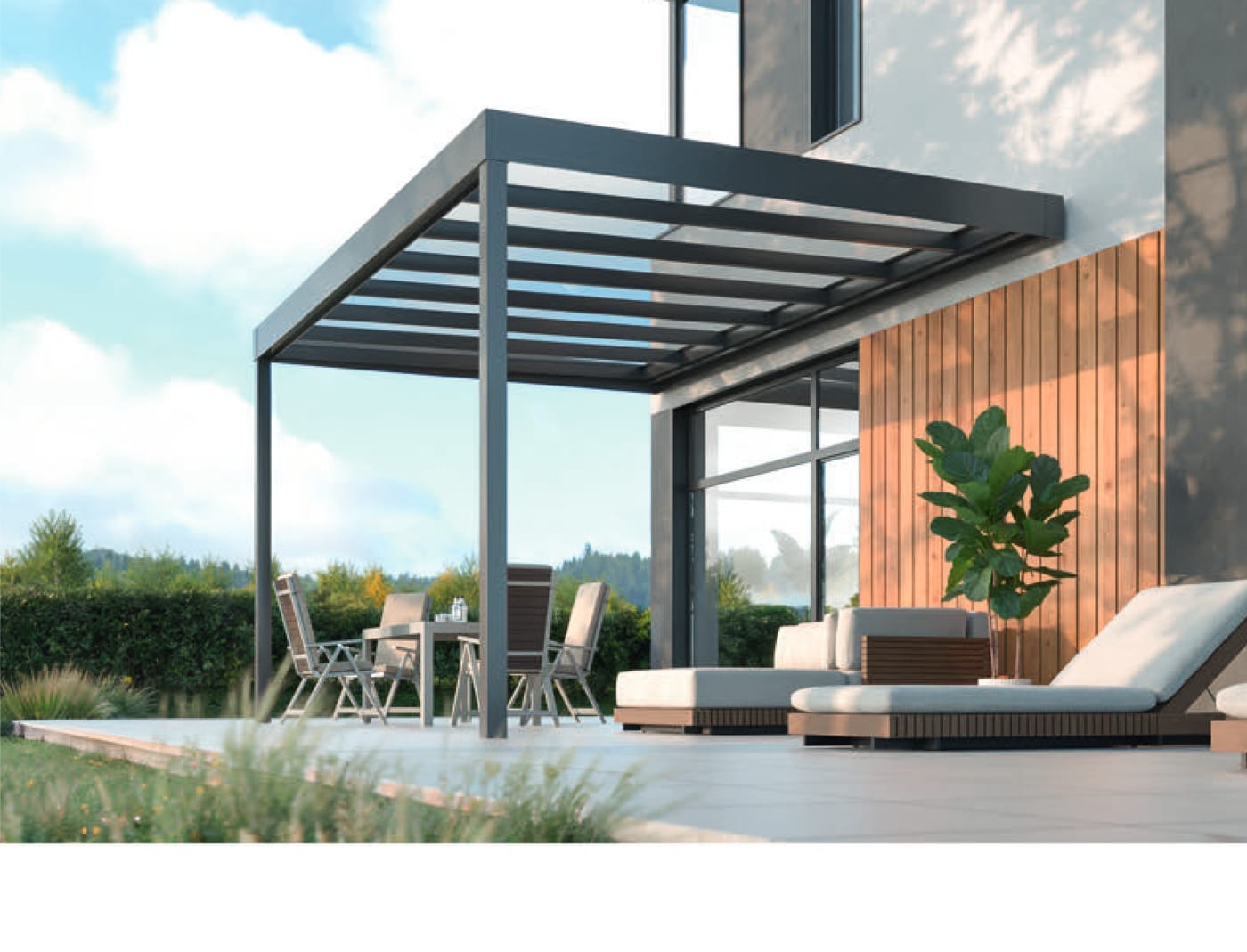SkyView Flachdach-Terrassenüberdachung mit Holzfassade